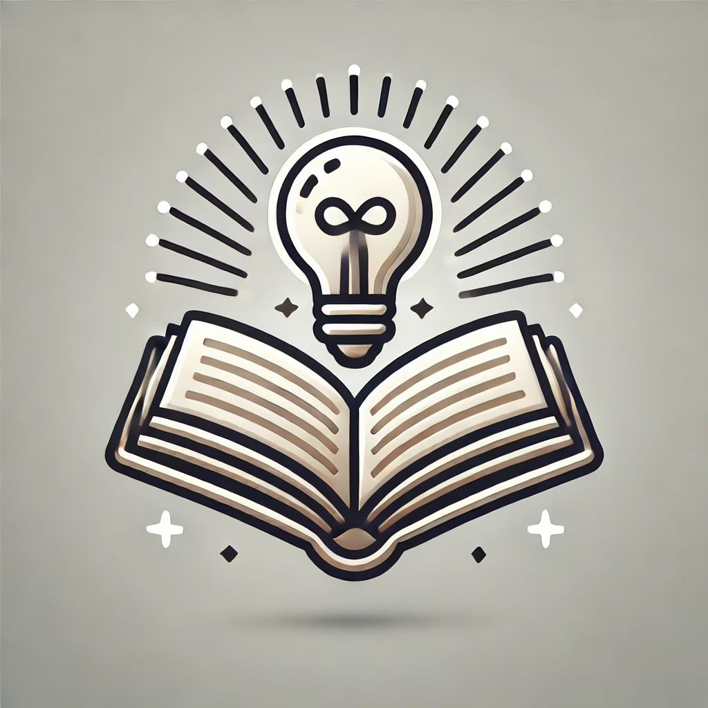 Icon of an open book with a glowing light bulb above it, symbolizing knowledge, ideas, and discovery