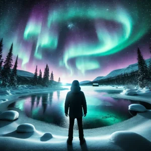 A breathtaking view of the Northern Lights tonight in a clear night sky, displaying vibrant greens and purples over a snowy landscape. A silhouette of a person in a warm jacket stands in the foreground, gazing at the mesmerizing aurora above, with snow-covered trees and a tranquil frozen lake reflecting the lights.