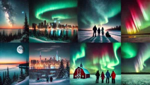  Northern Lights over Michigan, New York, and Alaska, with vibrant colors lighting up the night sky in each location.