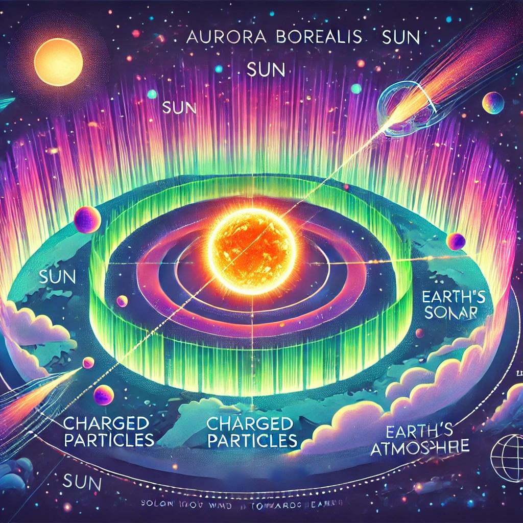 Diagram showing the interaction between solar particles and Earth's atmosphere, resulting in the aurora borealis, with labels for key components like the sun, charged particles, solar wind, and Earth's atmosphere.