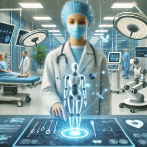 An illustration of AI technology in healthcare, showcasing applications such as predictive analytics, patient monitoring, and telemedicine.