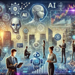 A futuristic illustration of AI in finance, showing professionals using AI tools for data analysis and strategy discussions amid stock market graphs and blockchain symbols.